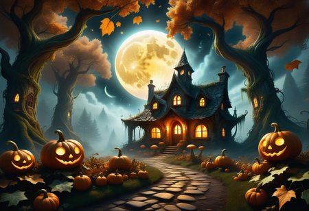 house shaped like a giant pumpkin. The pumpkin house has intricately carved windows and a door, with a faint, warm light emanating from within. Overgrown vines wrap around the pumpkin, adding to its enchanted appearance. The house is surrounded by an eerie mist that swirls around its base, enhancing the spooky atmosphere. The pumpkin’s stem curls into a chimney, from which a thin wisp of smoke rises. The background features a dense, dark forest with twisted, gnarled trees whose branches reach out like skeletal fingers. The ground is covered in fallen leaves and the occasional glowing mushroom. The scene is set under a moonlit sky with scattered clouds, casting a mystical glow over the entire setting. Bats can be seen flying across the moon, and distant howls add to the eerie ambiance. The faint outline of a cobblestone path leads up to the pumpkin house, partially obscured by the mist, realism, realistic, exquisite composition and lighting, soft diffused natural light and shadows, extremely detailed, intricate details, shallow depth of field, 32k UHD from the side and below)),  detailed_lighting, photon_mapping, radiosity, physically_based_rendering, backlighting, depth_of_field, ambient_occlusion, subsurface_scattering, natural_lighting, hard_focus, rim _ighting, volumetric, chiaroscuro, masterpiece , d&d, fantasy, highly detailed, digital painting, artstation, sharp focus, fantasy art, character art, illustration, 8k, art by artgerm and greg rutkowski