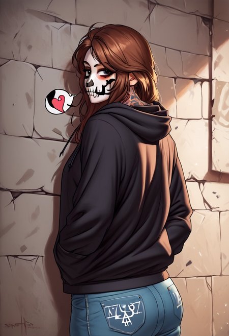 <lora:Meesh_Style_B:0.8>, meesh, by meesh, score_9, score_8_up, score_7_up, score_6_up, score_5_up, score_4_up, (1girl, Yona, anthro yak, perfect proportions, perfect body, bbw, obese, fat, big butt, plump, thick arms, thick thighs, seductive, larger breasts, soft breasts, fluffy breasts, massive nipples, massive areolas, giant woman), 
goth girl outfit (solo, black hoodie, jean shorts, black thighhighs, black choker), pose (solo, indoors, standing alone, back against wall, arms down, hands in hoodie pocket, looking at viewer, sexy expression, blowing kiss, seductive eyes}, skull makeup, view from front skull tattoo, facial_tattoo, skeleton makeup, skull facepaint