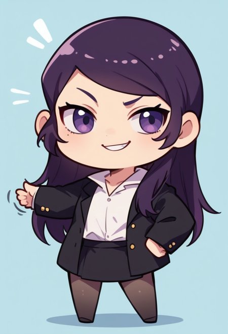 score_9, score_8_up, score_7_up, expressiveh, masterpiece, best quality, chibi, fca_style, girl standing, motion lines, 
1girl, shiorip2, long hair, swept bangs, dark purple hair, black blazer, white shirt, black skirt, one hand on hip, smug, smirk, one eyebrow raised other eyebrow lowered, standing
Facing viewer, blue background with red accent, full body, cowboy shot,simple background, source_anime, cute, chibi, kawaii, 2d color, simple color, simple shading, flat color, chibi body, chibi art style:1.1, fca_style, super deformer,