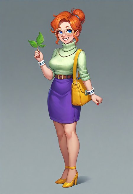 score_9, score_8_up, score_7_up, Casgas BREAK, 1girl, woman, mature, solo, pretty, smile, teeth, medium breasts, orange hair, bun hairstyle with dark blue elastic band, blue eyes, blush, freckles, red manicure, round glasses with light blue lenses, emerald turtleneck with thin stripes, rolled-up cuffs on the sleeves of the turtleneck, blue strap with silver buckle, belt with schlaufs, midi purple skirt, yellow low-heeled shoes with an ankle buckle, yellow bag with a green leaf, BREAK the right hand holds autumn leaves maple tree, a bag is hanging on his left arm, her left arm is slightly bent at the elbow, standing, full body shot, full body, semi-sideways, half-sideways, looking at viewer, BREAK simple background, gradient background