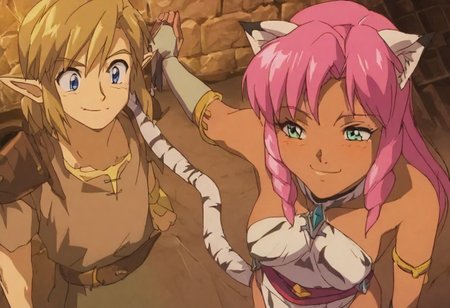 Pink_DragonPink, 1girl, sleeveless dress, white tiger print dress, pelvic curtain, cleavage, white tiger tail, red sash, small breasts, leather shoes, masterpiece, very aesthetic, smiling wide, <lora:pink-illustrious:1>, 
Break
1boy,Anime screencap,link (zelda),blonde hair,blue eyes,pointy ears, low ponytail, sidelocks, wearing blue hyilian tunic, 
Break
Hyrule dungeon interior, treasure room, lots of gold and treaure chests surrounding link and pink, treasure chests everywhere, link and pink ecstatic finding so much treasure