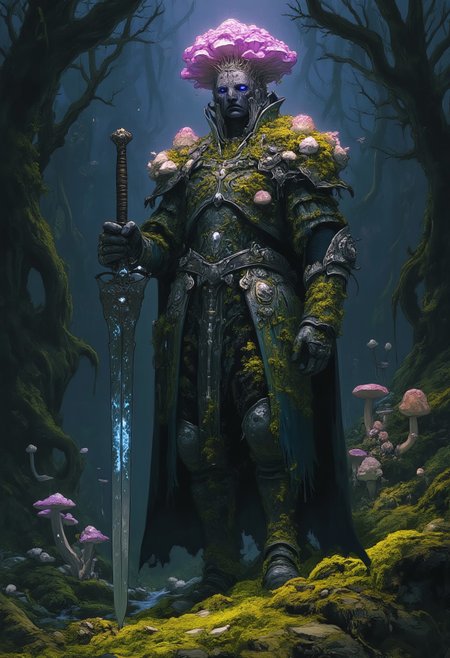 anime, cyberpunk, Fantasy painting, An artistic and surreal depiction of a fungi knight, standing tall in a mystical, glowing forest. The knight's armor is crafted from layers of living fungus and moss, with vibrant mushroom caps growing on the shoulders, chest plate, and helmet. Their helmet is crowned with bioluminescent toadstools, casting a faint, ethereal glow. The knight wields a sword resembling a sharpened fungal stalk, its blade pulsating with faint luminescence. The ground beneath them is a carpet of moss and strange, glowing spores drifting in the air. The forest is dense, otherworldly, with towering mushroom trees and surreal, twisted roots that frame the knight in a halo of light and shadow.
The atmosphere is fantastical and dreamlike, blending the knight's imposing yet natural presence with the surreal beauty of the fungal world around them.
