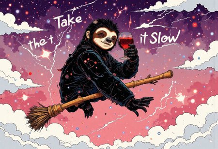 A whimsical and humorous painting of a black sloth sitting confidently on a broomstick, flying above soft, fluffy clouds. The sloth is depicted holding a glass of red wine aloft in one hand, exuding a relaxed and carefree attitude. The background features a gradient sky transitioning from deep purple to soft pink, suggesting a serene twilight atmosphere. The phrase "Take It Slow" is painted in simple text next to the sloth, adding a playful touch to the composition. The art style is minimalistic with bold, clean lines and a painterly texture, emphasizing the surreal and humorous tone of the image. The overall mood conveys charm, relaxation, and a sense of lighthearted mischief.