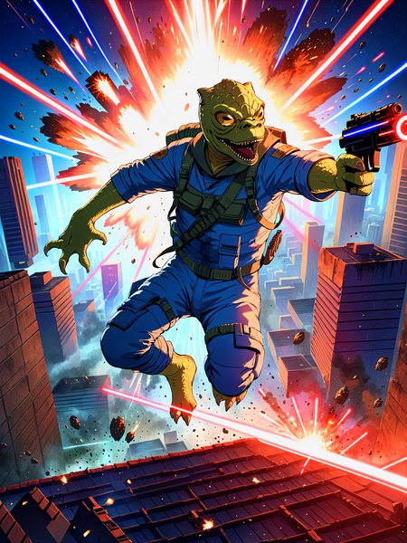 trandoshan alien in military overalls,roof of a city,jumping,laser gun,cinematic angle,action,masterpiece,dynamic,lasers,night,explosion<lora:trandoshanV2>