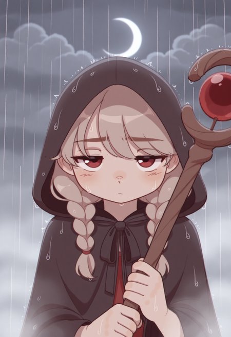 masterpiece, best quality, amazing quality, very aesthetic, high resolution, very awa,
1girl, face focus, twin braids, jitome, cloud, crescent moon, fog, holding mage staff, rain, hood up, cloak, [(realistic:0.5)::0.2],
, <lora:NOOB_EPSv1_1_detailer_by_vlnvk_v1_0:1>
, <lora:spo_sdxl_10ep_4k-data_lora_webui:.5>
,  <lora:cudlil:.6> cudlil