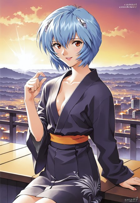 embedding:urn:air:sd1:embedding:civitai:222256@250708, 1girl,ayanami rei,solo,red eyes,short hair,blue hair,,smile,,hair between eyes,,bangs, ,cowboy shot,looking to the side,looking at viewer,parted lips,<lora:Sadamoto Yoshiyuki_XL_V3:0.8>, open smiling, sitting , long cleavage, sexy pose, city background,  small breast, round breast, wide open legs, black yukata, breast poking , round breast poking, no shirt 
<lora:kimono:0.8> short yukata, yellow furisode,  uchikake, 
BREAK , , , rising open hand, valley ,winter environment, daylight day, outdoors<lora:ptgs:0.8> 