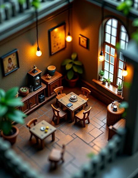 (indoor,very wide isometric view,tilt-shift lens:1.6), (miniature,diorama,no_realistic,no_photo:2) of (stasis _chamber:1.5), cafe