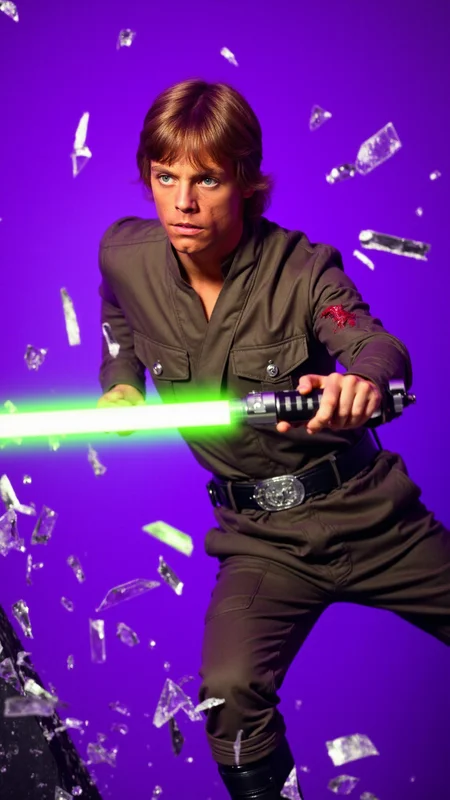 <lora:Luke_Skywalker_-_Young:0.9> A dynamic, high-energy scene captures Luke Skywalker training with a (green lightsaber) mid-action as he bursts through a shattered glass surface, shards flying in all directions. The background is a solid, vivid purple, creating a stark, intense contrast with the sharp, reflective fragments of glass. He wears a jediotfit slightly torn and bloodied from the impact. His body is marked with small cuts from the glass, droplets of blood glistening under the light. His expression is one of pure fury, his eyes locked onto the viewer as if they are the target of her rage. His pose is explosive, one leg extended forward as if heâs leaping through the air, his arms raised defensively or ready to strike. The glass shards around him are frozen in mid-air, their jagged edges catching the light and creating a chaotic, almost surreal effect. The purple background amplifies the intensity of the moment, evoking a sense of danger and raw emotion. The atmosphere is charged with adrenaline, the aftermath of his violent breakthrough palpable in every detail. The image feels as if itâs happening directly in front of the viewer, Luke Skywalkerâs momentum and the flying glass creating a sense of immediacy and immersion. Itâs a moment of chaos and power, a snapshot of rage and determination frozen in time. The combination of the purple backdrop, the sharp glass, and Luke Skywalkerâs fierce expression makes for a visually striking and emotionally charged composition. He goes forward, driven by duty and the promise of glory