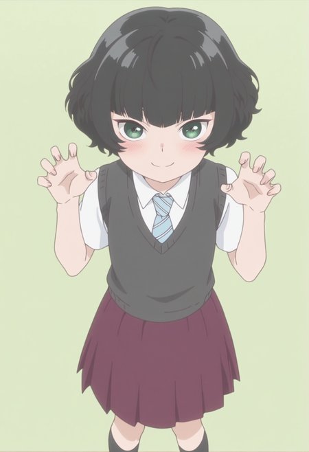 anime screencap, anime coloring,   <lora:DX888Hitoha:1> hongou hitoha, green eyes, black hair,short hair, blunt bangs, BREAK school uniform, white shirt, striped necktie, sweater vest, skirt, socks,  BREAK simple background,  green background, BREAK  1girl, blush, claw pose, cowboy shot, from above, hands up,  looking at viewer,  smile, solo, standing,