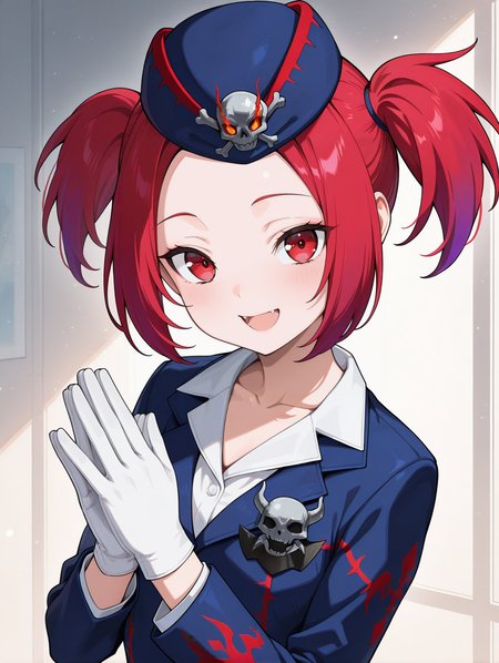 tour guide from the underworld, 1girl, solo, smile, open mouth, looking at viewer, upper body, collarbone, blue headwear, blue jacket, white shirt, white gloves, own hands together
masterpiece,best quality,amazing quality,very aesthetic,absurdres,newest,<lora:tour guide, beat cop, muckraker from the underworld EX illuXL v1:0.76>,