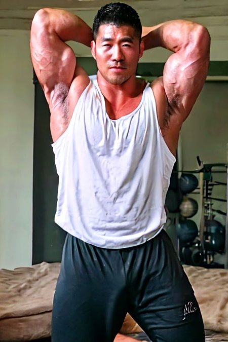 asian sexytrainer, tank top/sleeveless shirt, shorts/sweatpants/leggings, realistic, masterpiece, intricate details, detailed background, depth of field, photo of a handsome, dynamic pose, sweaty, sidepec, exercise, natural face expression, detailed Hunter Kang face, big remarkable nipples covered by sleeveless shirt, big bulge pants, serious manly face, arms up, hairy armpits, lying on the bed in his room