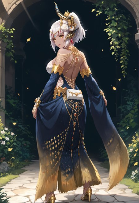 (score_9:0.9),score_8_up,score_7_up,rating_safe,anime style,(zPDXL),<lora:EX Kulve Taroth Beta Armor ponyXL v1.4:0.77>,1girl,solo,dark-skinned female,white hair,ponytail,long hair,single horn hair ornament,looking at viewer,yellow eyes,short hair,open mouth,cleavage,large breasts,medium breasts,ex kulve taroth beta armor,gold high heels,from behind, looking back,