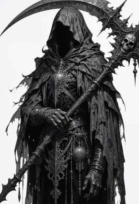 a highly detailed, black-and-white digital drawing depicting a grim reaper-like figure. The figure is shrouded in a tattered, dark cloak that appears to be made of heavy, coarse fabric, adorned with intricate, gothic patterns and a skull emblem on the chest. The cloak's edges are frayed, giving it a weathered, macabre appearance. The figure's head is obscured by a hood, creating an enigmatic and menacing presence. The figure holds a large, ornate scythe with a curved blade, intricately designed with gothic motifs and a skull on the handle. The scythe's blade is long and curved, with a pointed end and a sharp edge. The background is stark white, emphasizing the dark, ominous figure and the detailed textures of the cloak and scythe. The drawing style is realistic with a dark fantasy theme, capturing the essence of gothic and horror aesthetics. The overall mood is somber and foreboding, evoking themes of death and the supernatural.