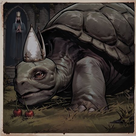 masterpiece, best quality, newest, absurdres, highres, cherry-gig, TTCSV1.0, MTDPV1.0, turtle, tortoise, hat, mitre, white headwear, oversized animal