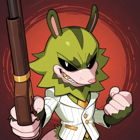 2d, 1boy, solo, Clutch, male, furry, furry male, two tone fur, opposum, black sclera, animal ears, white pupils, green fur, dark green ears, golden earring, sharp teeth, gold tooth, pink nose, thick eyebrows, dark green eyebrows, green spiky beard, pale peach muzzle, pale peach fingers, clawed fingers, furless fingers, pale pink tail, white tuxedo jacket, gold necktie, gold buttons, gold pockets, gold cufflinks, white loafers with gold accents 
BREAK looking at viewer, evil grin, upper body focus, abstract background, holding gun
BREAK best quality, amazing quality, very aesthetic, absurdres, newest, masterpiece