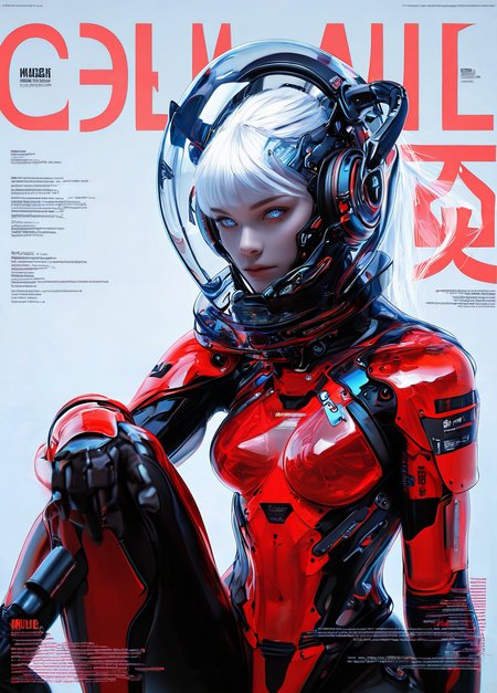 realistic,  
masterpiece, best quality, amazing quality, highres, absurdres, very aesthetic, very awa,expert shading, ultra detailed, UHD, 8K,
BREAK, 
N3onSp3ctra, 1girl, solo, bright blue eyes, cybernetic eyes, white hair, headphones, ponytail, science fiction, barcode, upper body, looking at viewer, poster transparent, mask helmet, magazine cover, glass helmet, cyber horns ,see-through mask, plastic armor, red white armor accents, low angle, upper body, cowboy shot, sitting on floor, one knee up,   graphics, (text:'GRIM':1.1), Japanese kanji graphics, <lora:NeonSpectra:0.8>