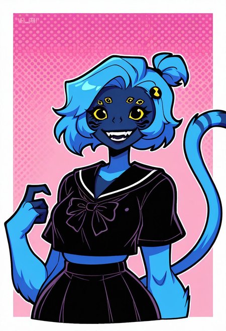 masterpiece, best quality, amazing quality, very aesthetic, absurdres, newest,, detailed background, 
spidermonkey, extra eyes, solo, blue skin, extra arms, long blue tail, , pink, teeth, blue hair, , teeth, fangs, four arms, hair pin, short hair, smile, 
black skirt, black japanese school uniform, black bow, dark face, 
welith, curvy, busty, upper body, halftone effect, white borders, abstract background:1.2,