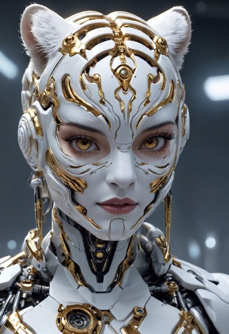 cybernetic style Prepare for a thrilling glimpse into the future as we present the Cybernetic White Tiger Queen and her Mechanized Companion in astonishing photorealistic detail. Captured in ultra-high definition 8K resolution, the regal monarch dons luxurious gold adornments, her expression poised between fierce determination and irresistible charm. Accompanying her is a state-of-the-art robotic tiger, seamlessly combining cutting-edge technology with raw power. Each component appears authentic, right down to the finest wires and artificial muscle fibers. Intricately textured locks tumble into a tousled bun, revealing subtle wisps framing her face. An elaborate, hyperrealistic environment surrounds our subjects, imbuing depth and context to this incredible vision. Expertly lit by dynamic cinematographic techniques, this masterpiece propels us headfirst into a fascinating world where advanced engineering meets unparalleled elegance. Brace yourself for a breathtaking journey beyond the limits of possibility! . futuristic, technological, cybernetic enhancements, robotics, artificial intelligence themes, ca45mv7-100