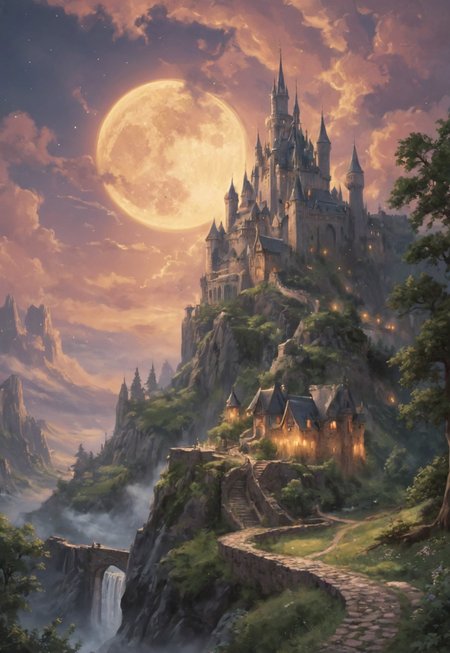 Under the pale glow of the full moon, a magical castle floats serenely among the clouds. This fantastical scene is imbued with a dreamlike quality, the castle's intricate spires and turrets illuminated by the ethereal moonlight. Dark, swirling clouds form a dramatic backdrop, adding a touch of mystery to the scene. The castle itself appears ancient and majestic, with detailed stonework and towering battlements. Soft, glowing orbs of light float around the castle, enhancing the magical atmosphere. The overall mood is one of enchantment and wonder, as if the castle is a hidden sanctuary in the sky. romantic impressionism, dream scenery art, beautiful oil matte painting, romantic, style of Thomas Kinkade, beautiful digital painting, anime landscape, romantic painting, Thomas Kinkade style painting, dreamlike digital painting, colorful painting, beautiful gorgeous digital art, style thomas kinkade, janek sedlar, jenny saville