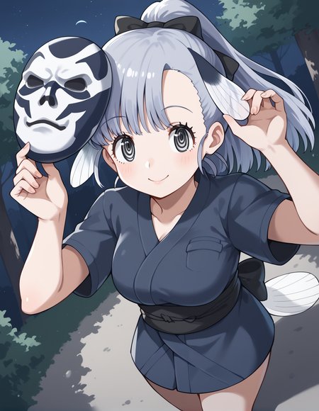 score_9, score_8_up, score_7_up, score_6_up, score_5_up, score_4_up, source_anime, rating_safe, BREAK <lora:jinmenGyoXL_LoRA-C3Lier_AdamW_Dim16_Alpha16_UN-3e-4_TE-1.5e-4_10batch_ponyDiffusionV6XL_v6StartWithThisOne:1>, jinmen-gyo \(kemono friends\), 1girl, grey eyes, head fin, grey hair, long hair, ponytail, tail, hair bow, holding mask, ninja, night, shadow, shaded face, light smile, forest, dutch angle, from above, looking at viewer, looking up, standing
