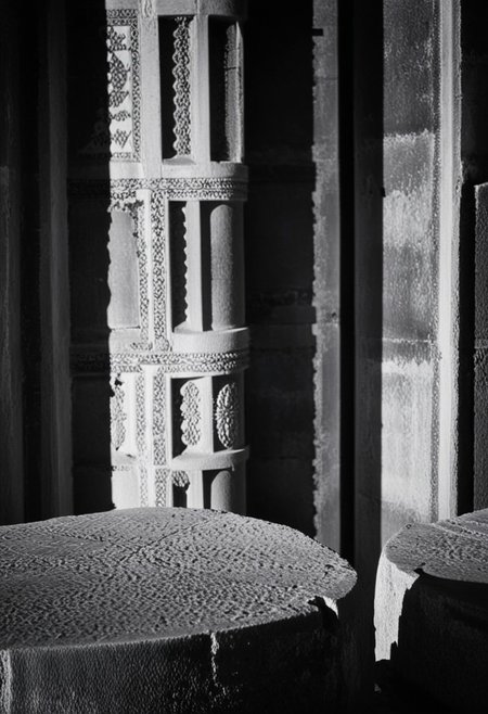 detailxl, 80sc1nemat1c5tyle, creamy bokeh, black and white, colorless, monochrome, BREAK, alanya ruins