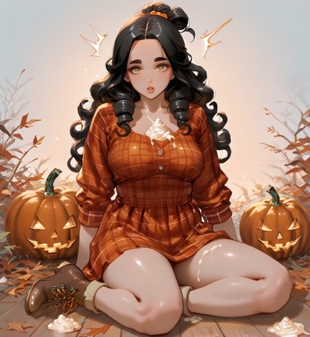 PonyScores7, source_anime, ah1, <lora:natsumi_style:1>, BREAK 1girl, (curly hair), long hair, (black hair:1.3), mature female, (parted hair:1.7), (round face:1.2), (thick eyebrows), (curvy), round-chin, (greenish hazel eyes), caucasian, (downturned eyes:1.2), (plump face), <lora:ETO_OCPonyXL:0.5> eto_oc, skindentation, (plump), thick thighs, wide hips, busty, voluptuous, kinky curls, lips, <lora:venus body PonyXL:0.4>, (surprised), ((Sitting)), (Fallen leaves creating a colorful layer on the forest floor), looking at viewer, (((Pumpkin Spice, Orange, brown, yellow, cream bright red plaid dress with white ankle boots))), BREAK <lora:xl_more_art-full_v1:0.2>, <lora:shinyskin2:0.2> glistening skin, <lora:aesthetic_anime_v1s:0.2>, <lora:Expressive_H:0.2> Expressiveh, <lora:hairdetailpxl:0.2> hairdetailpxl, <lora:EpicF4nta5yXL:0.2>, <lora:detailxl:0.2> detailxl, <lora:Fant5yP0ny:0.2>, best quality, amazing quality, best aesthetic, absurdres, <lora:expressive eyes:0.2> expressive eyes, <lora:eyedetailpxl:0.2> eyedetailpxl, illustration, Volumetric_Lighting, ultra-detailed, very aesthetic, intricate details, 8k, masterpiece, best_quality, BREAK (Reverse Shot), BREAK <lora:Eyes_High_Definition:0.3> EyesHD, Stable_Yogis_PDXL_Positives, AS-Adult, <lora:Complicated fantasy portrait - XL Pony V2.0:0.4>, bad-hands-5,
