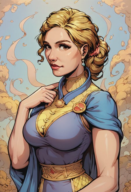 score_9, score_8_up, score_7_up, 1girl, mature_female, large_breasts, portrait, solo, looking_at_viewer, open_eyes, Dancing with both arms extended, sideways, (Yellow Frock), group_profile,rating_safe, <lora:pony\artist_styles\valerii_siserg_pony:0.9>