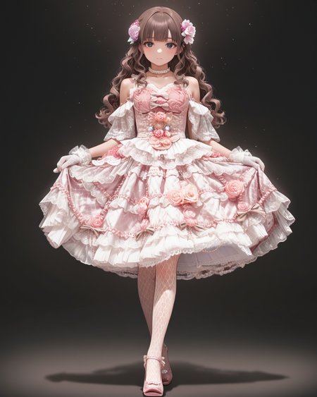 Positive: Masterpiece, best quality, amazing quality, very aesthetic, high resolution, ultra-detailed, absurdres,
1girl, solo, 
ev4r15,
brown hair, long hair, curly hair, wavy hair, blunt bangs, black eyes, bare hair,
pink lace tiered dress,
tiered,lace,frills,bare shoulders,pink flower,frilled dress,bow,jewelry,
lace gloves,white gloves,
choker,pearl necklace,
hair flower,hair ornament,
pink high heels,fishnet_pantyhose, 
black_background, star_\(sky\), standing, full_body, 
