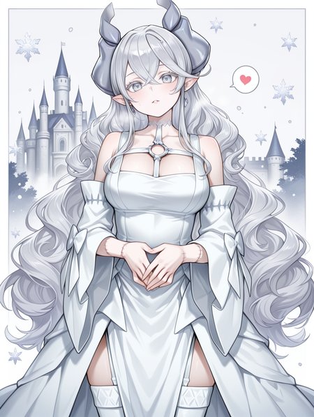 official alternate costume,white detached sleeves,lovely labrynth of the silver castle,1girl,solo,looking at viewer,own hands together,white background,medium breasts,large breasts,open mouth,demon girl,white thighhighs,wavy hair,very long hair,white o-ring dress,stitches,head tilt,spoken heart,white border,castle,crystal snowflakes, 
masterpiece,best quality,amazing quality,very aesthetic,absurdres,newest,<lora:lady labrynth of the silver castle Alt illuXL v1:0.65>,