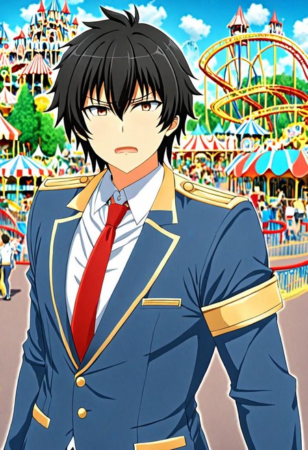 high resolution, solo, best quality, 1Boy, Seiya Kanie, black hair, Manager, Wihite Shirt, Blue Jacket, theme park, gold aiguillettes, red tie, OverallDetail