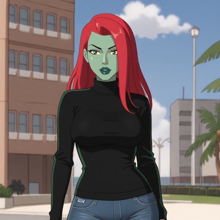 <lora:poisonivycartoon_pony_v1:.8>  PoisonIvyBikiniCartoon, 1girl, lipstick, makeup,  large breasts,  green skin, colored skin, long red hair, black lips, cowboy shot, sweater, jeans