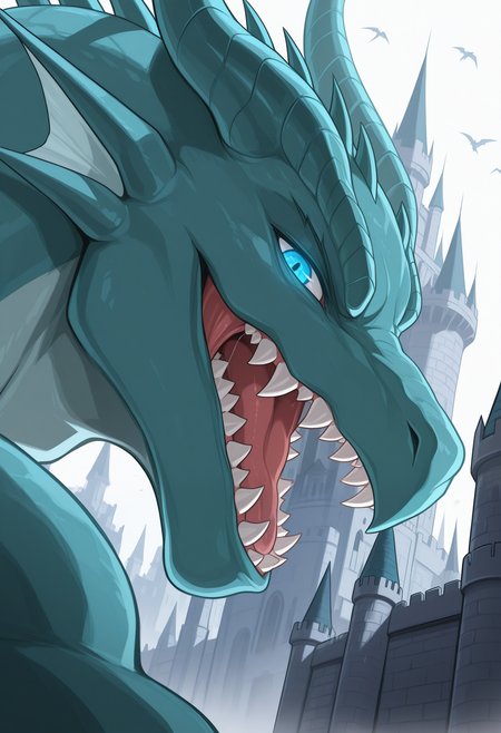 masterpiece,best quality,amazing quality, 1boy, solo,, t1m43us, dragon, bara, blue eyes, glowing eyes, looking at viewer, close up, side angle, big fang, sharp_teeth, castle,