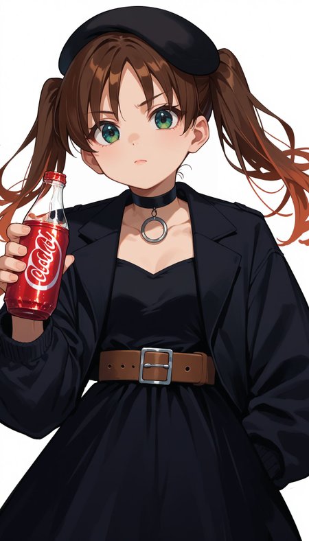score_9, score_8_up, score_7_up, source_anime <lora:Ootsuki Yoyoko:0.8> Otsuki Yoyoko, beret, twintails, choker, black jacket, open jacket, black dress, long sleeves, belt, holding coca-cola bottle, simple background, white background,