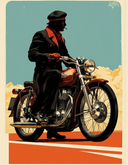 . A digital illustration shoot from a profile camera angle about a silhouette of a man riding a motorcycle, wearing a black coat and red gloves, against a gradient background of blue and orange hues. the image also shows a man in the middle of the image, who appears to be a man with a slim body, sitting on a motorcycle. the man is wearing a long black coat, a red scarf, and a beret, and has a cigarette in his mouth. he is facing away from the viewer, and his face is obscured by the coat. he has red gloves on and is positioned on the handlebars of the motorcycle, with his hands on the seat. the motorcycle has a sleek, modern design with a round headlight and a chrome frame. the background is a gradient of teal, orange, and yellow hues, with a faint outline of a mountain range in the distance. the overall style is minimalistic with a focus on geometric shapes and bold colors.