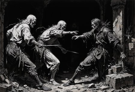 This image is a photograph of a Renaissance-era black and white oil painting, likely from the 15th or 16th century, with some very bright red spots of the blood flowing from the multiples wounds. The painting depicts a lively scene of four figures, all men, trying to kill each other with swords. The central figure, positioned slightly to the right, is a man fighting for his live . He wears a dark brown hooded cloak with a white scarf tied around his head. 
The background is a dark, almost black, and the figures are painted with thick, textured brushstrokes, giving the painting a rich, almost three-dimensional quality. The overall mood of the painting is  B&W .