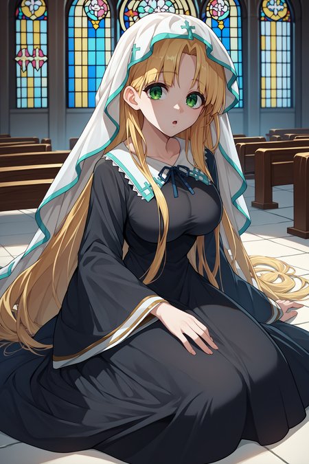 score_9, score_8_up, score_7_up, score_6_up, source_anime, 1girl, solo, <lora:asiaargento-pdxl-nvwls-v1-000005:1> dxdaa, blonde hair, very long hair, green eyes, white veil, black dress, long sleeves, big breasts, looking at you, sitting, church, stained glass, looking at you, chestnut mouth