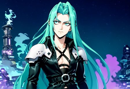 score_9, score_8_up, score_7_up, asymmetrical composition, vaporwave, Lofi, Sephiroth looking impassive, facing viewer, posing for a portrait in front of ShinRa tower, shinra_hq, shoulder armor, ShinRa headquarters, night, city, smoke, fog, smog, smoke stacks, holding very long katana, long billowing black leather overcoat, pitch black starry sky, solo, beautiful, androgynous, flat chest, leather straps, broad shouldered, high contrast, industrial cityscape background, Netflix, Studio Trigger, ff7, uneven eyes
