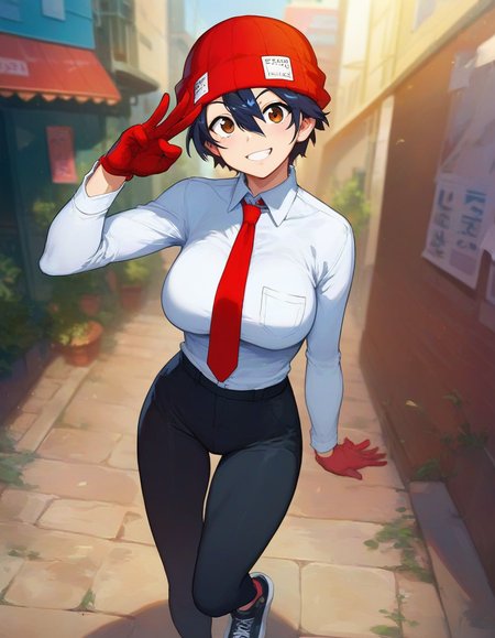 score_9,score_8_up,score_7_up,score_6_up BREAK official art,solo,outdoors,smile,upper body,(portrait:1.5),looking at viewer,facing viewer,Izumo Fuuko,tomboy,beanie,red headwear,black hair,short hair,hair between eyes,brown eyes,collared shirt,white shirt,red necktie,large breasts,skindentation,long sleeves,red gloves,black pants,sneakers,black footwear,<lora:Izumo Fuuko(uu)-Pony:1.2>,<lora:Smooth Anime Style LoRA XL:0.8>,
