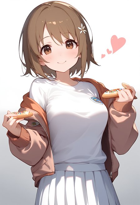 1girl,
mimura kanako,


solo, blush, skirt, hands up, food, smile, sleeves past wrists, shirt, hair ornament, brown eyes, closed mouth, long sleeves, medium breasts, off shoulder, open jacket, open clothes, grey background, hair between eyes, brown hair, holding, white flower, heart, pleated skirt, doughnut, looking at viewer, jacket, hairclip, white shirt, flower, white skirt, white background, white jacket, gradient background, breasts, holding food,

sfw
<lora:a31_char_new_mimura_kanako-000022:1> <lora:a31_style_koni-000010:0.8>