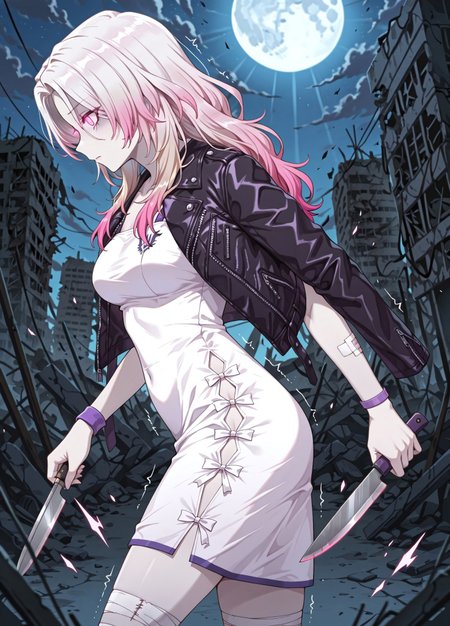 unholy-aesthetic, masterpiece, best quality, amazing quality, absurdres, 

uw_h3len, 1girl, solo, two-toned hair, gradient hair, white hair, pink hair, pink eyes, glowing eyes, pale skin, medium breasts, 

black jacket, leather jacket, draped over jacket, white dress, purple wristband, bandage, bandaged leg, 

Fearful, holding knife, standing, shaking, cowboy shot, post-apocalypse, ruins, night time, moon rays, depth of field, from side, profile, 