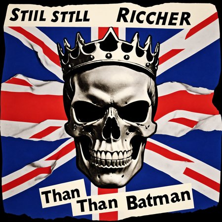 <lora:JamieReidStyle-000010:0.8> text: ("STIL stil, richer RICHER, than THAN, BaTmAN baTman")... poster art, crystal clear skull, royal crown, angry, defiant, album art, satirical, skull and crossbones, torn union jack covers entire background