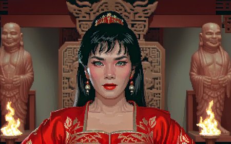 <lora:bigtroubleinlittlechina sdxl - damocles_aaa:0.9> <lora:lucasarts style:1.3> lucasarts style,
, 2d flat shading, pixel art, video game screenshot
,miaoyin,wearing red dress,make-up,in final room, close-up, pale skin, asian woman,