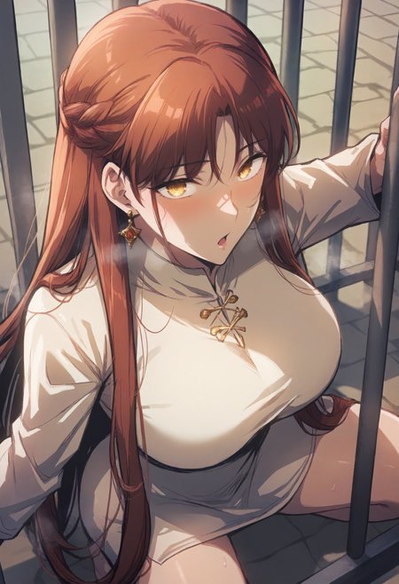 score_9, score_8_up, score_7_up, score_6_up, source_anime, rating_explicit, 1girl, solo, huge breasts, <lora:Leah Testerossa prefectPonyxl:0.9> long hair, red hair, yellow eyes, brown hair, french braid, earrings, white dress, short dress, long sleeves, surprised, parted lips, Narrow shoulders, heavy breathing, steaming body, prison, outdoors, looking at viewer, kneeling, spread legs, from above
