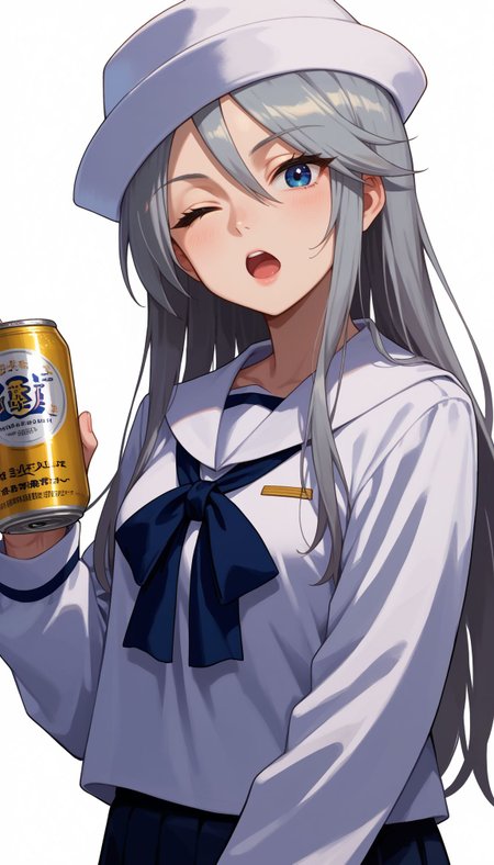 score_9, score_8_up, score_7_up, source_anime,
 <lora:GUPFlint:1> GUPFlint, 1girl, grey hair, dixie cup hat, holding can, white headwear, one eye closed, long hair, military hat, white shirt, drink can, looking at viewer, blue eyes, open mouth, sailor collar, white background, long sleeves, simple background, school uniform, alcohol, beer can