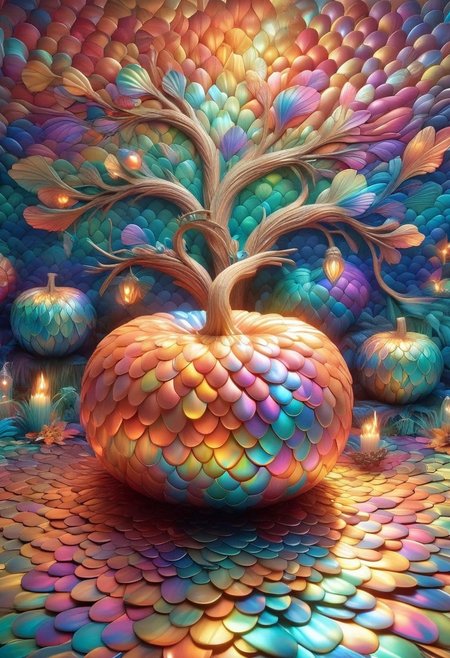 p1nk1r1sc4l3s, Jack-O-Lantern, made out of iridescent scales, highest-Quality, intricate details, Masterpiece.