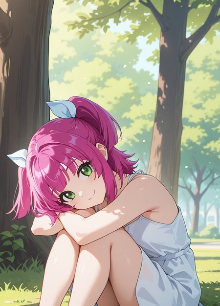 1girl,  urin, long hair, short twintails, pink hair, green eyes, hair ribbon, 
outdoor, white dress, smile, sitting, hugging own legs, tree,
masterpiece, best quality, newest, absurdres, highres, safe, <lora:urin_IL:1>