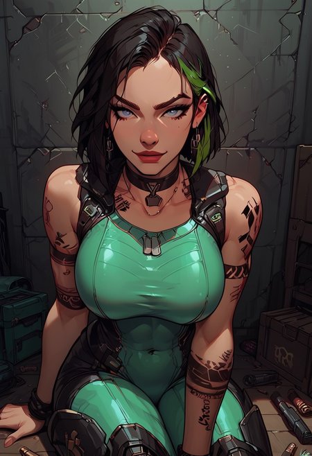 Score_9, Score8_up, Score_7_up, (((High Resolution, Best Quality))), 
1girl, solo, toned arms, sleeveless, Covered in Tattoos, neck tattoos, hair tied up, (black hair, green highlights in hair),
futuristic, futuristic armor, neon green lights on bodysuit, armored suit, body armor, armor, plated armor, revealing bodysuit, tight bodysuit, tactical, military gear, toxic canisters, toxic chemicals, poision vials, 
large breasts, choker, dog tags, ear piece, 
seducing, seductive, flirty, tender, loving, playful, looking at viewer, smug, 
Sitting on ground, leaning against wall, relaxed, leaning back, arm resting on knees, arm on knee,
inside, Military, military base, military barracks, cots, crates, military boxes, guns, bullets, supplies, armory,
