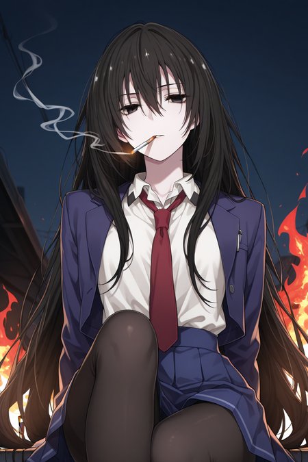 masterpiece, best quality, <lora:Kirukiru Amou-Illustrious-lora-Faxtron:1> kirukiru amou, black eyes, black hair, very long hair, cropped blue blazer, white shirt, red necktie, blue skirt, black pantyhose,  <lora:cigarette2XLP:1> cigarette, smoking, mouth hold,, fire, lighter, holding,, night,