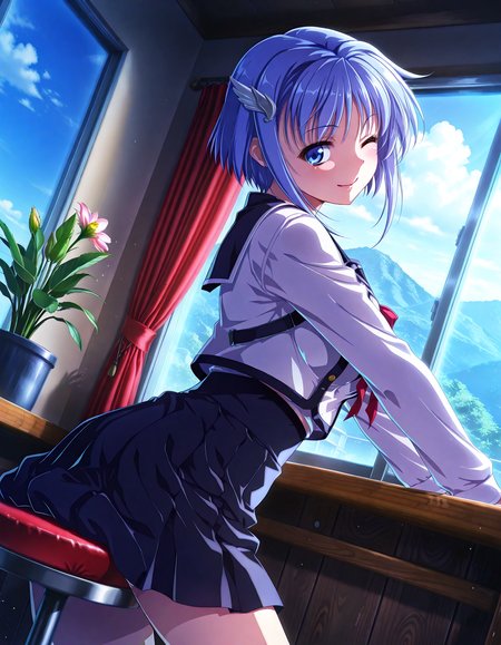 (1girl, solo:1.3), (2girls, 3girls, 4girls, multiple girls, 2boys, 3boys, 4boys, multiple boys:-1.5) <lora:Kajio_Honoka_Denshanai_de_Now_Illustrious:0.9>, kajio_honoka, medium breasts, blue eyes, blue hair, short hair, bangs, sidelocks, hair ornament, school uniform, serafuku, red ribbon, black skirt, pleated skirt, smile, (tongue out:0.7), one eye closed, general, contrapposto, dynamic pose, outstretched arms, upper body, from side, pov, dutch angle, indoors, dining room, cafe table, stool, sitting on stool, window, outdoor view, curtains, plant, potted plant, flower, (perspective:0.7), <lora:NOOB_EPSv1_1_detailer_by_vlnvk_v1_0:1.5>, (photo background:0.7), day, (tachibana yuu:0.6), inue shinsuke, (kazuma muramasa:0.0), saikawa yusa, (aoi manabu:0.6), abarerumidori, (suzui narumi:0.6), masterpiece, newest, absurdres, 8K, anime screenshot, anime coloring, flat color, official art, film grain, <lora:illustriousXLv01_stabilizer_v1.185c:0.7>, <lora:LECO_Solo:-4.0>,