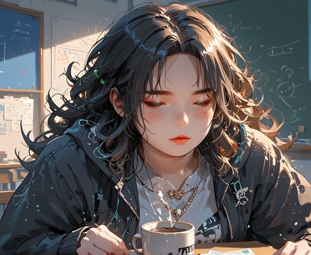 PonyScores7, source_anime, ah1, IllustriousQual, <lora:natsumi_style:0.5>, <lora:by_usakun-pony:0.4> by usakun, <lora:Akina_Bbw_Style_-_PonyXL:0.2> AkinBw
BREAK 1girl, mature female, (round face:1.2), (thick eyebrows:1.3), (curvy), round-chin, caucasian, (plump face), <lora:Round_face:0.2>, <lora:ETO_OCPonyXL:0.5> eto_oc, skindentation, (plump), thick thighs, wide hips, busty, voluptuous, lips, <lora:venus body PonyXL:0.4>, <lora:shinyskin2:0.2> glistening skin
BREAK  (((curly hair), long hair, (black hair:1.4), (parted hair:1.7), messy hair, kinky curls, <lora:hairdetailpxl:0.2> hairdetailpxl))
BREAK ((half green and brown eyes), (colorful eyes), (multicolored eyes), (downturned eyes:1.4), <lora:expressive eyes:0.5> expressive eyes, <lora:eyedetailpxl:0.2> eyedetailpxl, <lora:Eyes_High_Definition:0.3> EyesHD)
BREAK ((Face with a gentle blush and closed eyes,  <lora:Expressive_H:0.2> Expressiveh, <lora:Emotional_Anime_Expressions_PonyXL_Concept:0.2> emotional, <lora:Best_Facial_Expression_LoRA_PONY:0.2>, looking at viewer, <lora:Detailed expressive EXEV style -XL Pony V1.0:0.2> FaceDetail))
BREAK ((Tired Slump with Dreams of Adventure, Slump against a wall or surface your eyes closed and a dreamy expression conveying exhaustion but also longing for new adventures,))
BREAK Cyclamen plant Sleeveless hoodie and jogger pants
BREAK (((a cozy meeting room with comfortable seating, a whiteboard, a coffee station, ideal for brainstorming sessions and team meetings)))
BREAK <lora:xl_more_art-full_v1:0.2>, <lora:aesthetic_anime_v1s:0.2>, <lora:EpicF4nta5yXL:0.2>, <lora:detailxl:0.2> detailxl, <lora:Fant5yP0ny:0.2>, best quality, amazing quality, best aesthetic, absurdres, illustration, Volumetric_Lighting, ultra-detailed, very aesthetic, intricate details, 8k, masterpiece, best_quality
BREAK (zoom_out:1.8), (horizontal)
BREAK Stable_Yogis_PDXL_Positives, AS-Adult, <lora:Complicated fantasy portrait - XL Pony V2.0:0.3>, bad-hands-5, <lora:HDA_Detailer:0.5>, HDA_FatGirlXL